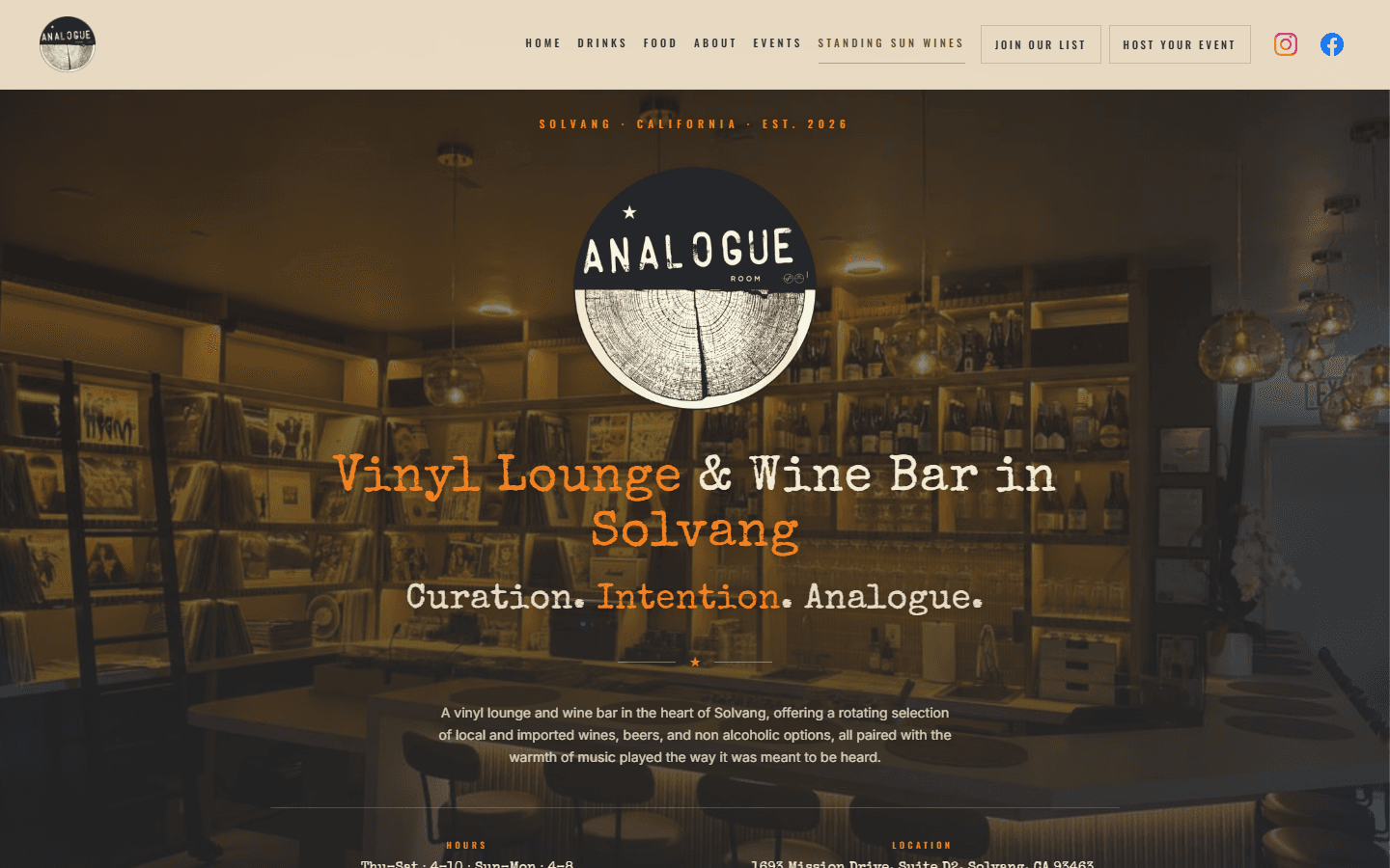 Homepage of Analogue Room, a vinyl lounge and wine bar in Solvang, California