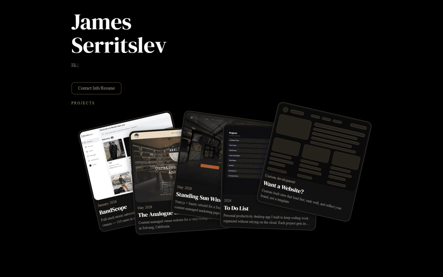 Homepage of a personal portfolio site with an interactive fan of project cards
