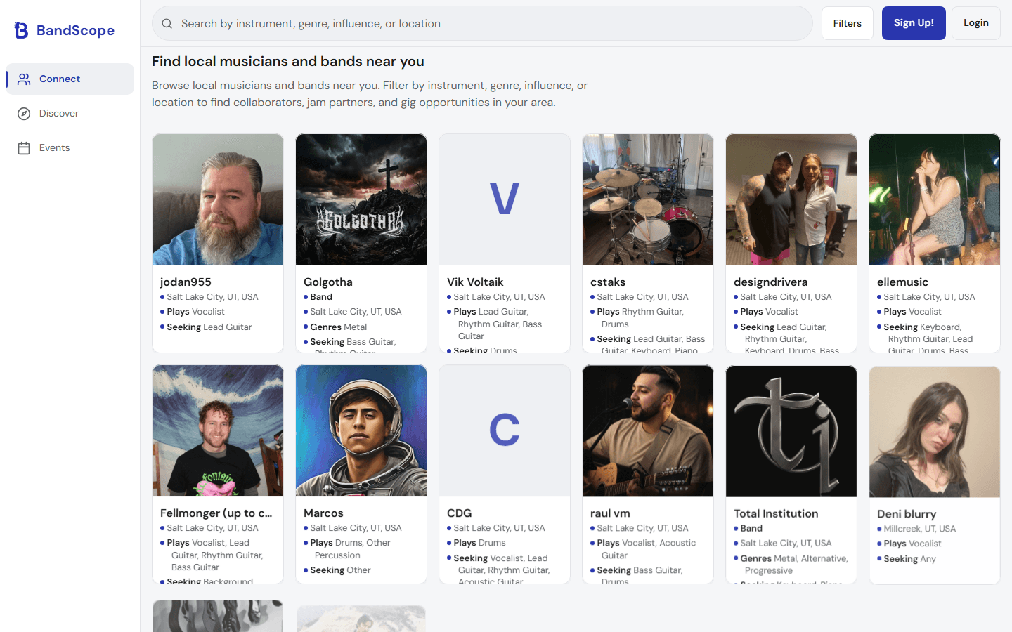 BandScope connect page showing musician and band profiles, search, and account actions